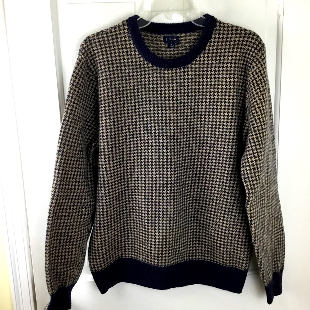 J. Crew Navy and Tan Houndstooth Crewneck Sweater